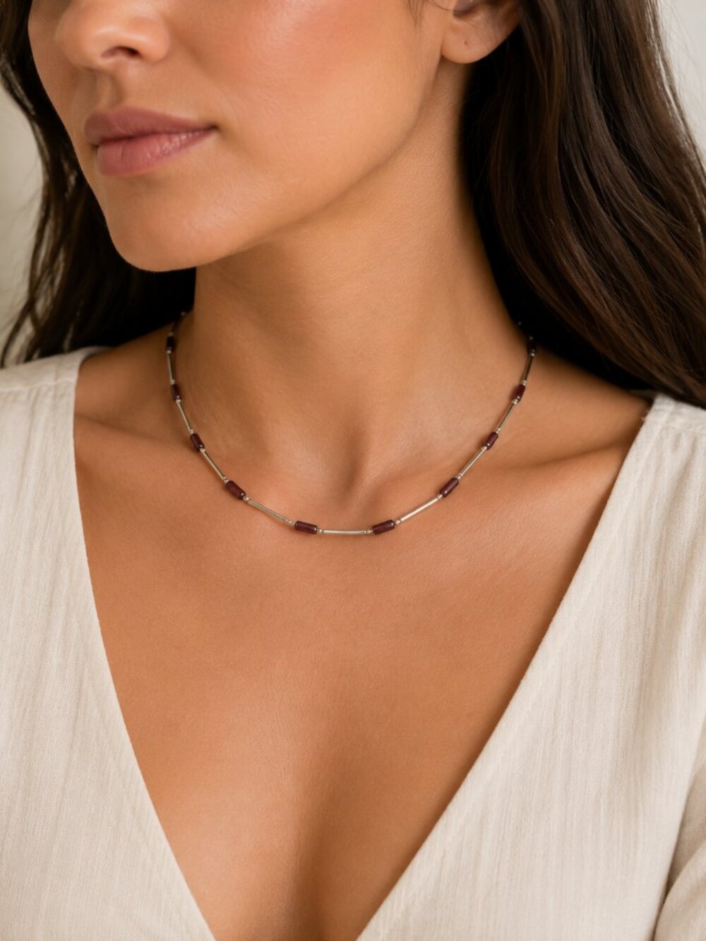 925 Sterling Silver Garnet Tube Bar Link Necklace Artisan Handmade 16.5"